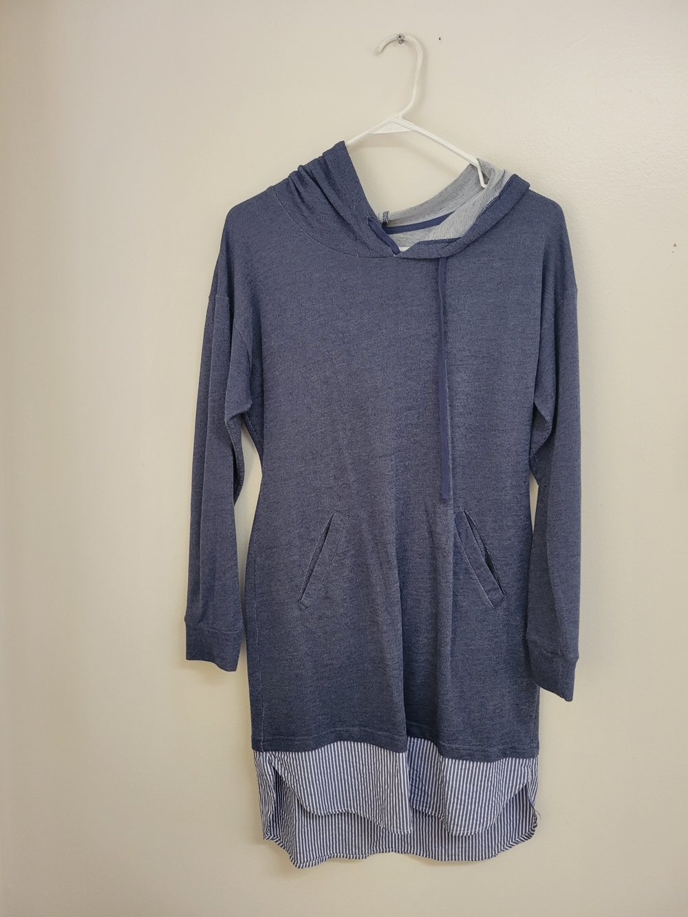 New York & Company Navy Blue Long-Sleeve Hooded Dress with Striped Hem